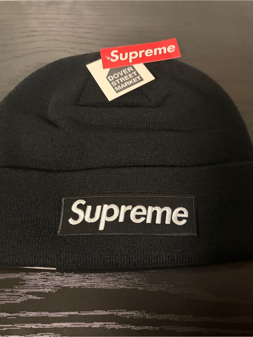 New Era Black Beanie with White Supreme Patch